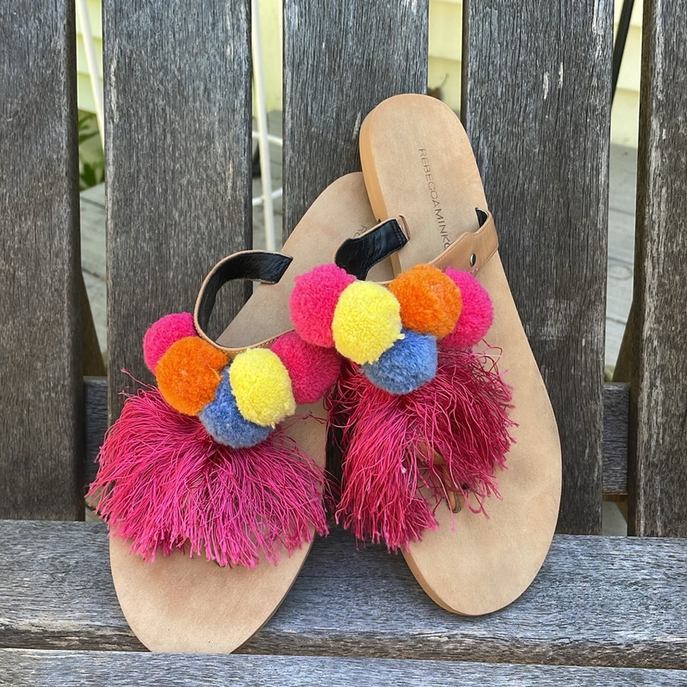 Rebecca Minkoff Erika multicolored pom pom  leather upper slip on sandals
